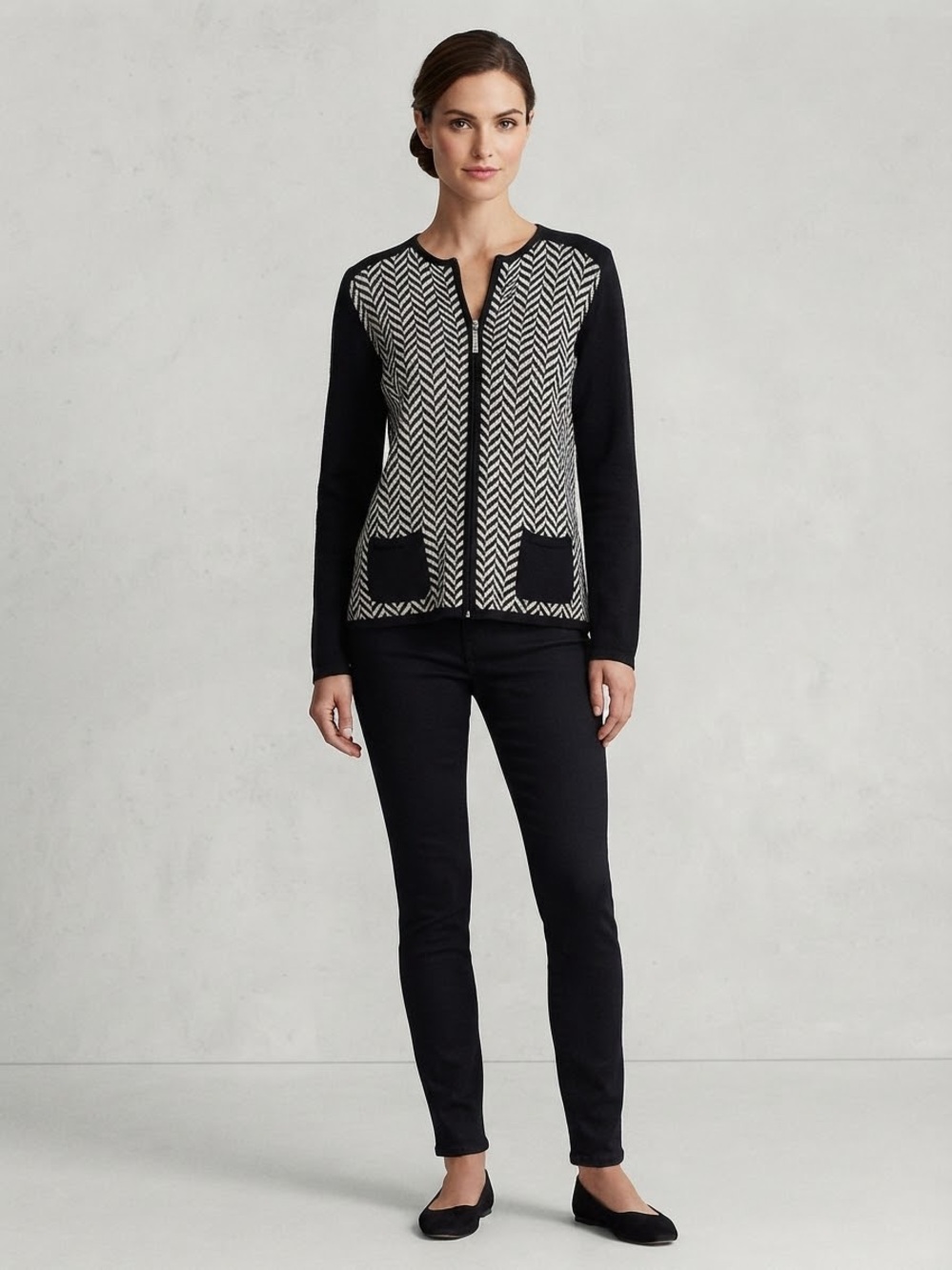 Chaps Black & White Chevron Full-Zip Cardigan Sweater w/ Pockets Size L